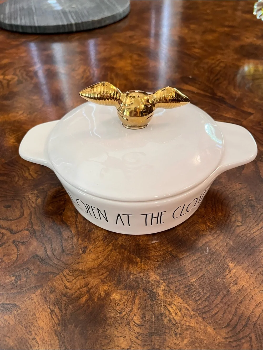 Rae Dunn White Ceramic Covered Dish with Gold Handle